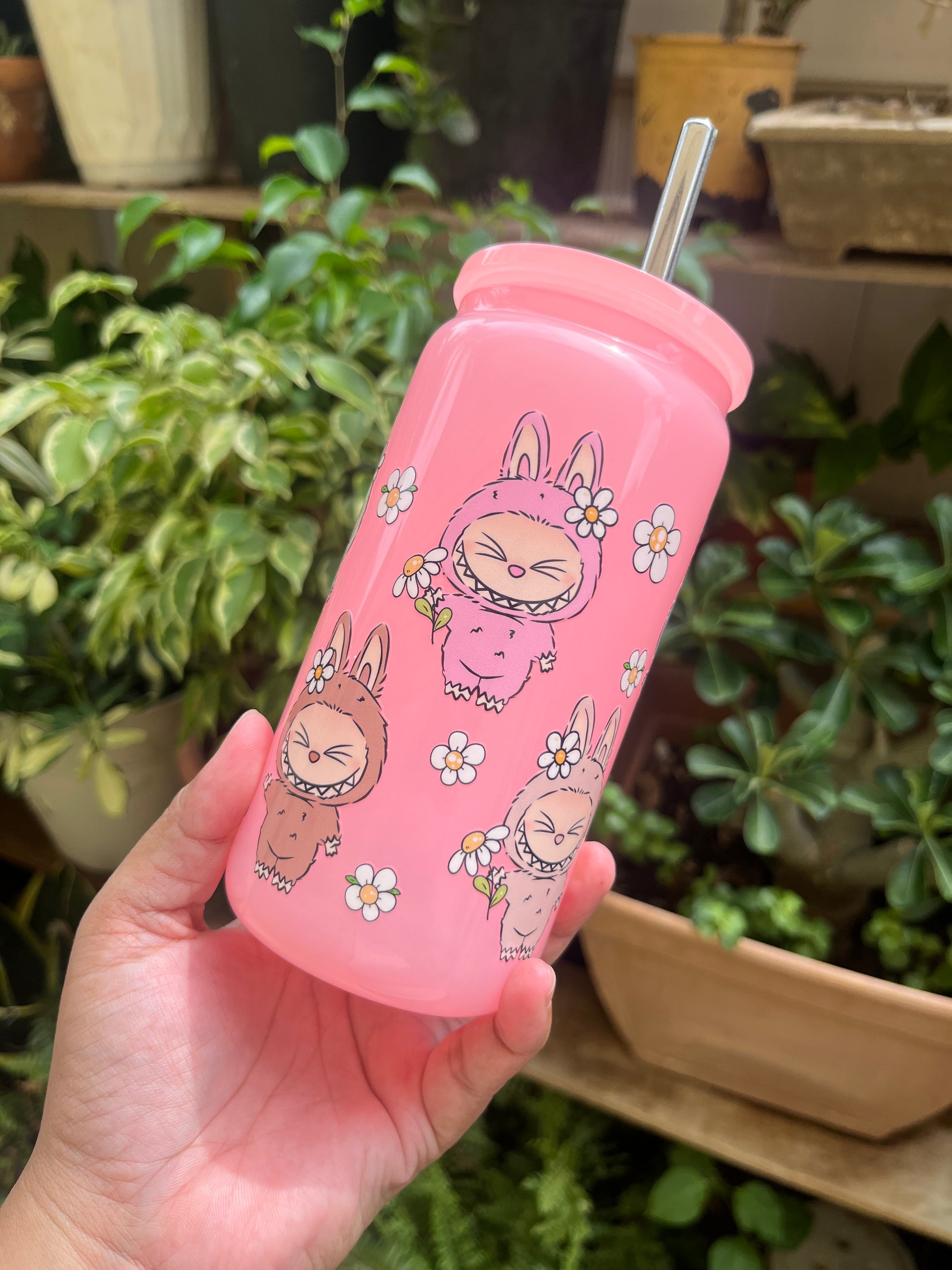Floral Labubu Glass Cup